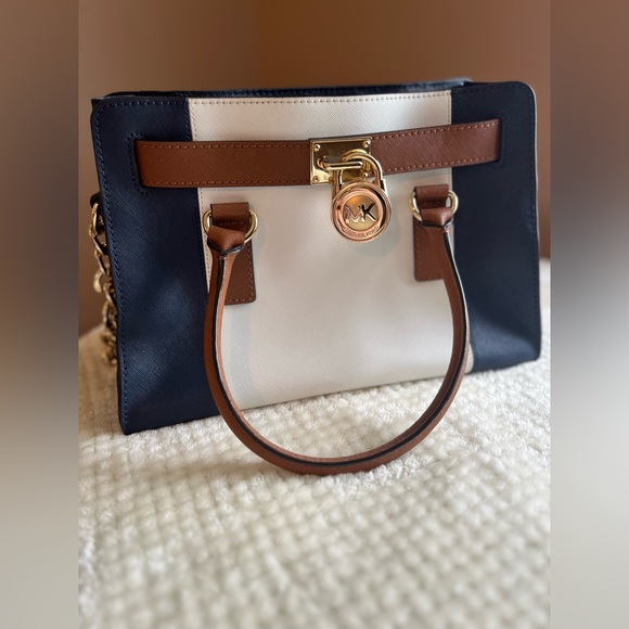 Michael Kors Hamilton Navy White khaki Gold Hardware +Shoulder Strap - Picture 1 of 13